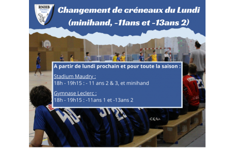 Changement de créneaux du Lundi (minihand, -11ans et -13ans 2)